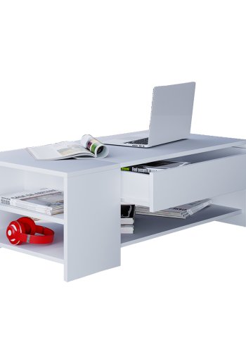 Tindus sofabord, m. 3 hyller og 1 skuff - hvitt tre