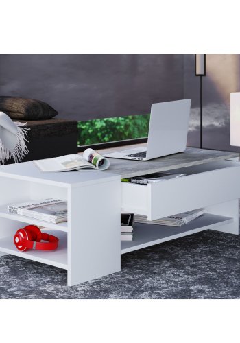 Tindus sofabord, m. 3 hyller og 1 skuff - hvit og gr tre