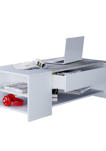 Tindus sofabord, m. 3 hyller og 1 skuff - hvit og gr tre