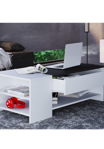 Tindus sofabord, m. 3 hyller og 1 skuff - hvit og sort tre