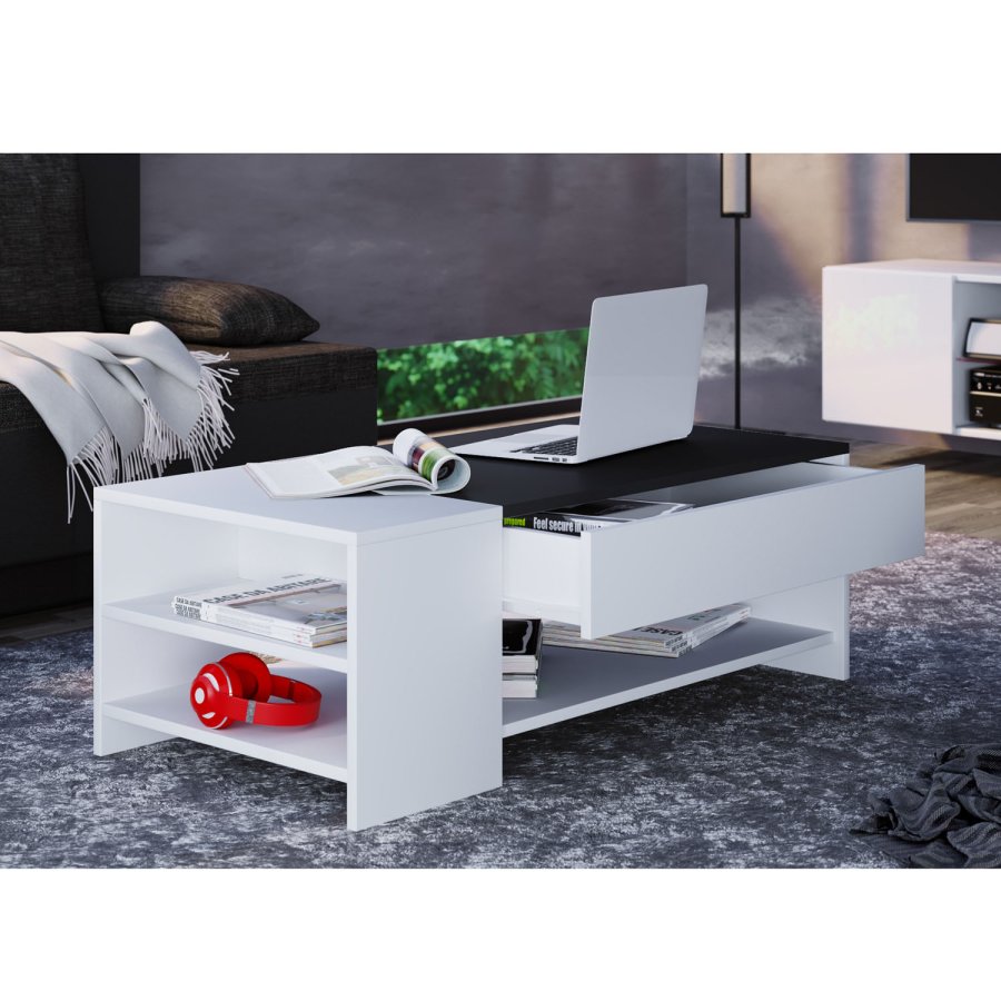 Tindus sofabord, m. 3 hyller og 1 skuff - hvit og sort tre
