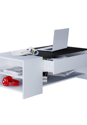 Tindus sofabord, m. 3 hyller og 1 skuff - hvit og sort tre