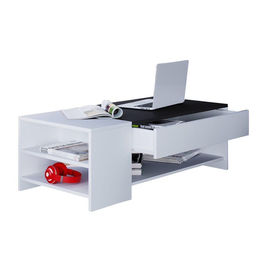 Tindus sofabord, m. 3 hyller og 1 skuff - hvit og sort tre