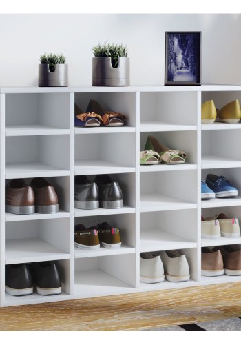 Hinsol L skoskap, m. 20 hyller - hvitt tre