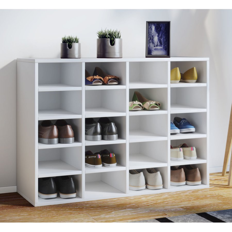Hinsol L skoskap, m. 20 hyller - hvitt tre
