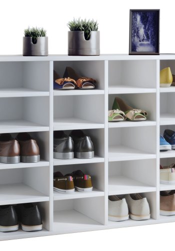 Hinsol L skoskap, m. 20 hyller - hvitt tre