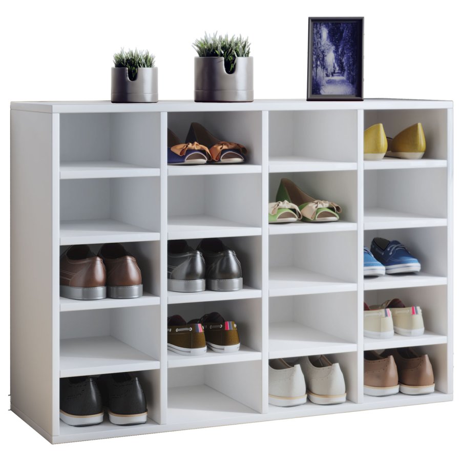 Hinsol L skoskap, m. 20 hyller - hvitt tre