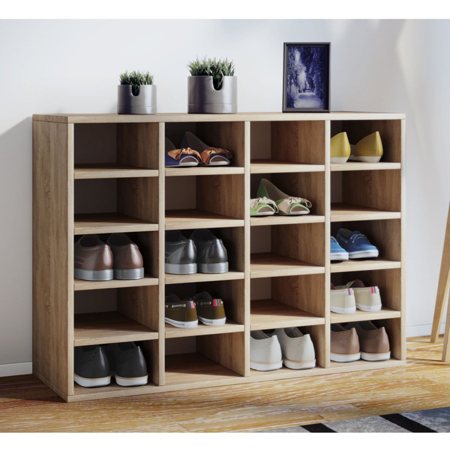 Hinsol L skoskab, m. 20 hyller - naturlig tre