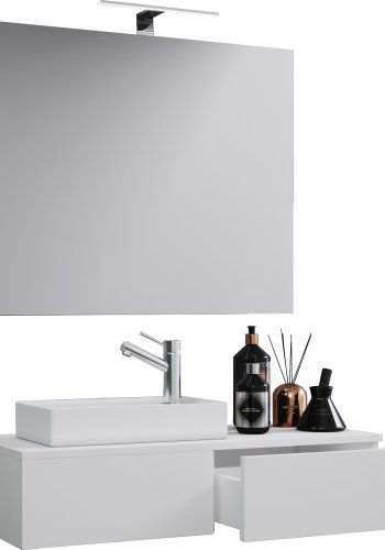 Gudas baderomsmbelsett - speilglass, keramikk og hvit melamin