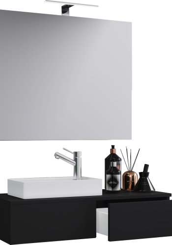 Gudas baderomsmbelsett - speilglass, keramikk og sort melamin