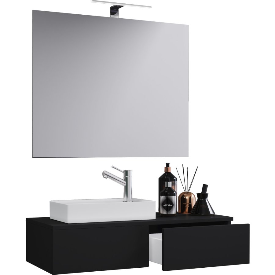 Gudas baderomsmbelsett - speilglass, keramikk og sort melamin