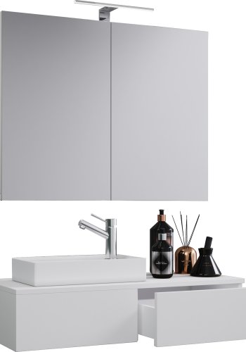 Gudas baderomsmbelsett - speilglass, keramikk og hvit melamin