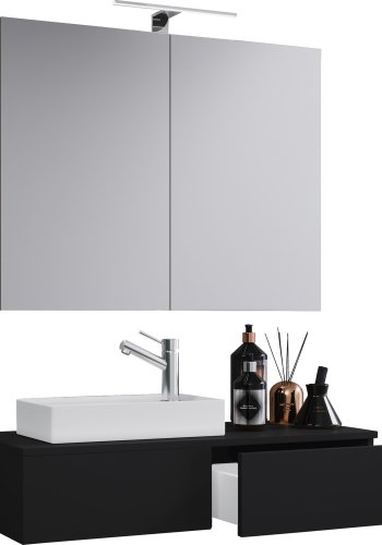 Gudas baderomsmbelsett - speilglass, keramikk og sort melamin