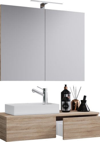 Gudas baderomsmbelsett - speilglass, keramikk og naturlig melamin