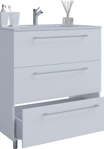 Badezimmermöbel-Set, mit Beinen - Keramik und weißes Melamin