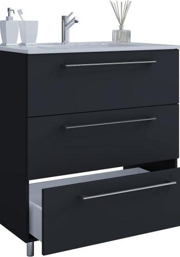 Badezimmermöbel-Set, mit Beinen - Keramik und schwarzes Melamin