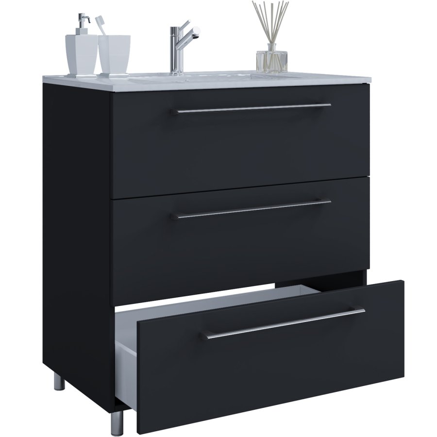 Badezimmermöbel-Set, mit Beinen - Keramik und schwarzes Melamin