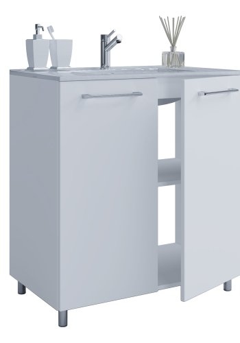 Badezimmermöbel-Set, mit Beinen - Keramik und weißes Melamin