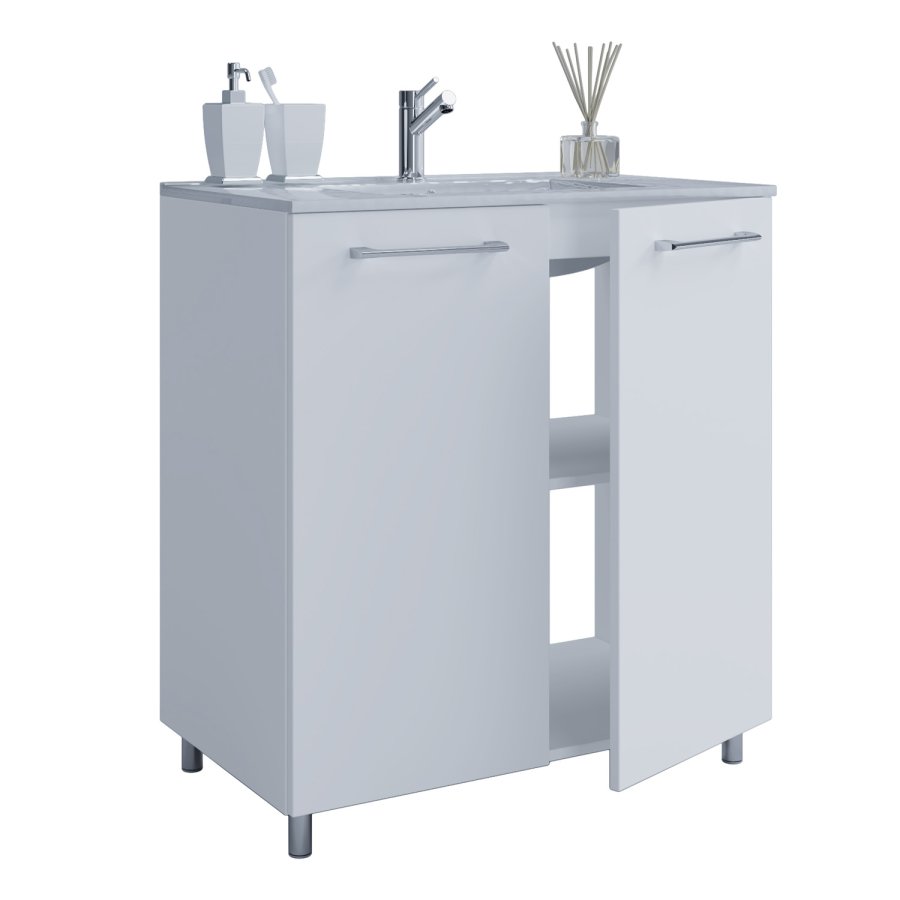 Badezimmermöbel-Set, mit Beinen - Keramik und weißes Melamin