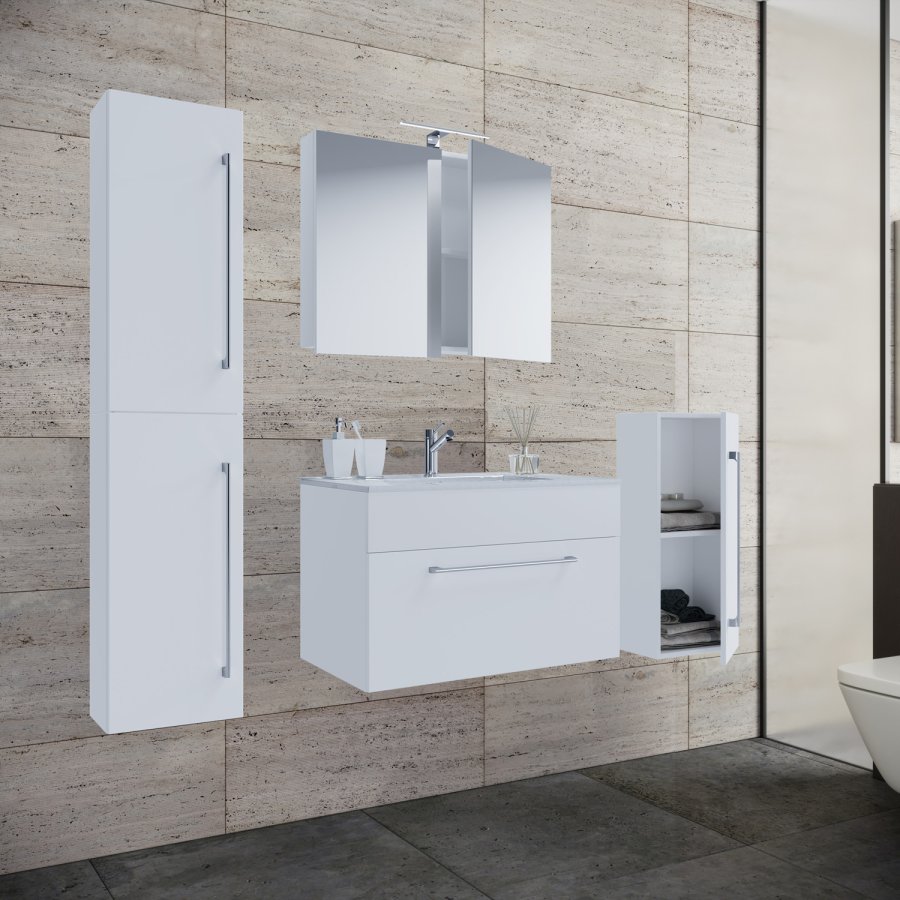 Badmöbel-Set - Spiegelglas, Keramik und weißes Melamin (5er-Set)