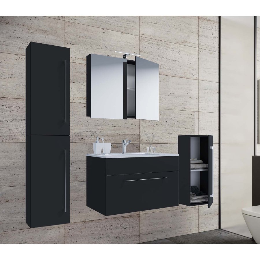 Badmöbel-Set - Spiegelglas, Keramik und schwarzes Melamin (5er-Set)