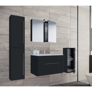 VCM NORDIC badrumsmöbler set - spegelglas, keramik och svart melamin (set om 5)