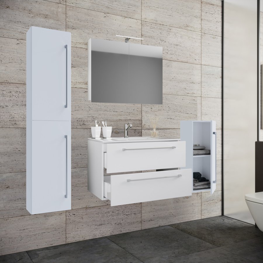 baderomsmbelsett - speilglass, keramikk og hvit melamin (sett med 5)