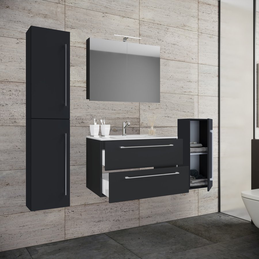 Badmöbel-Set - Spiegelglas, Keramik und schwarzes Melamin (5er-Set)