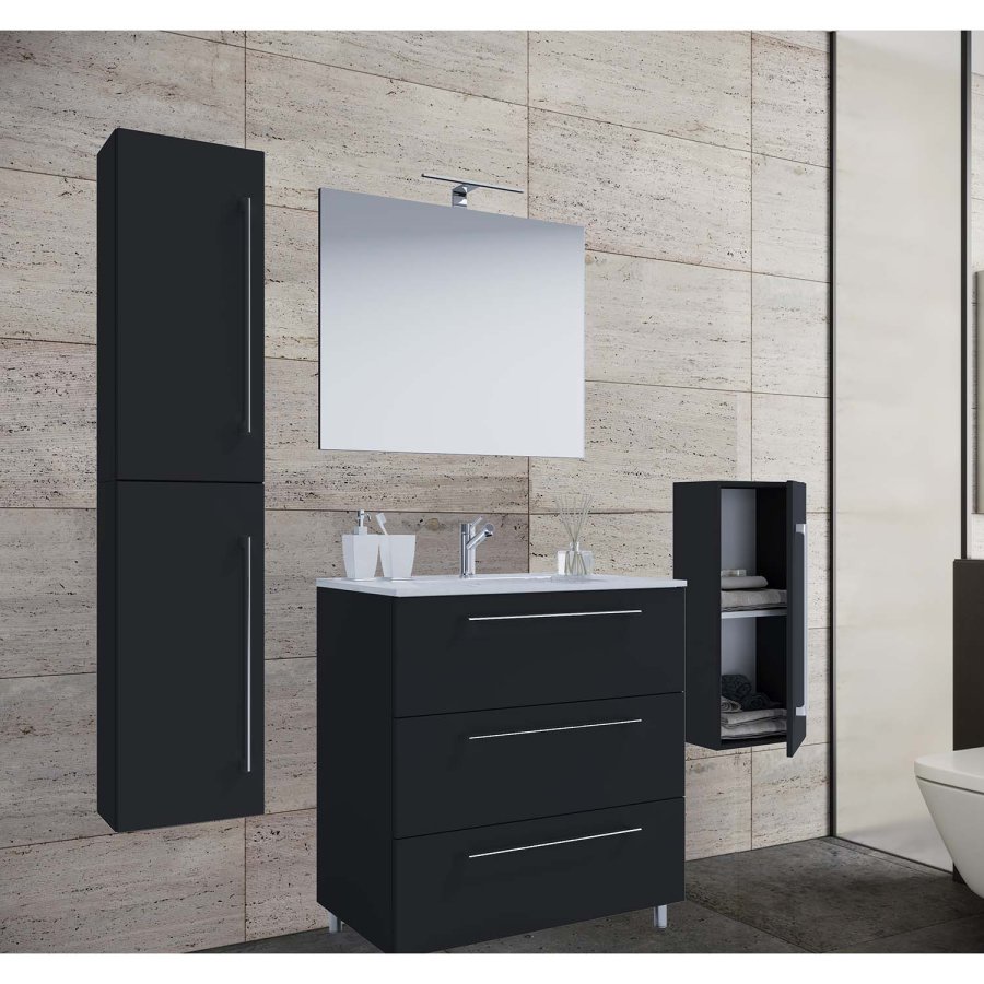 Badmöbel-Set - Spiegelglas, Keramik und schwarzes Melamin (5er-Set)