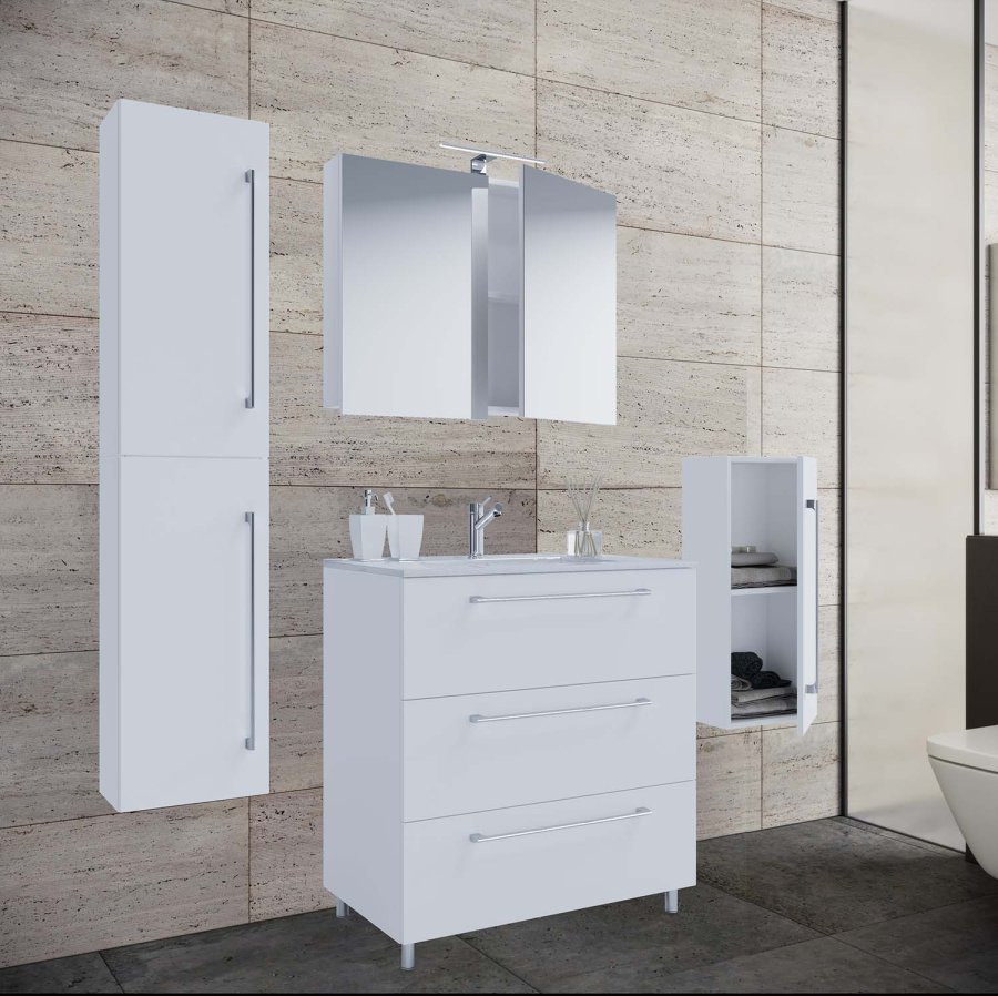 baderomsmbelsett - speilglass, keramikk og hvit melamin (sett med 5)