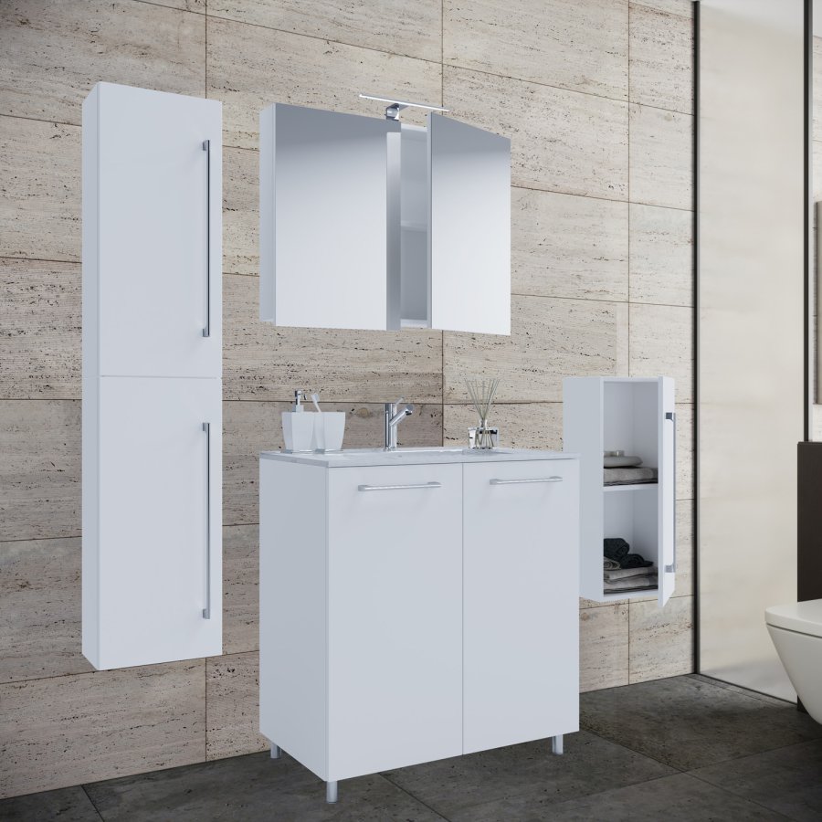 Badmöbel-Set - Spiegelglas, Keramik und weißes Melamin (5er-Set)