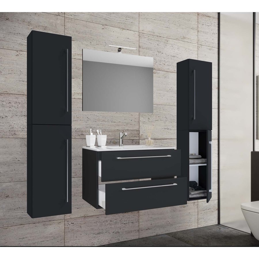 Badmöbel-Set - Spiegelglas, Keramik und schwarzes Melamin (5er-Set)