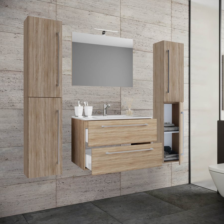 Badmöbel-Set - Spiegelglas, Keramik und Naturmelamin (5er-Set)