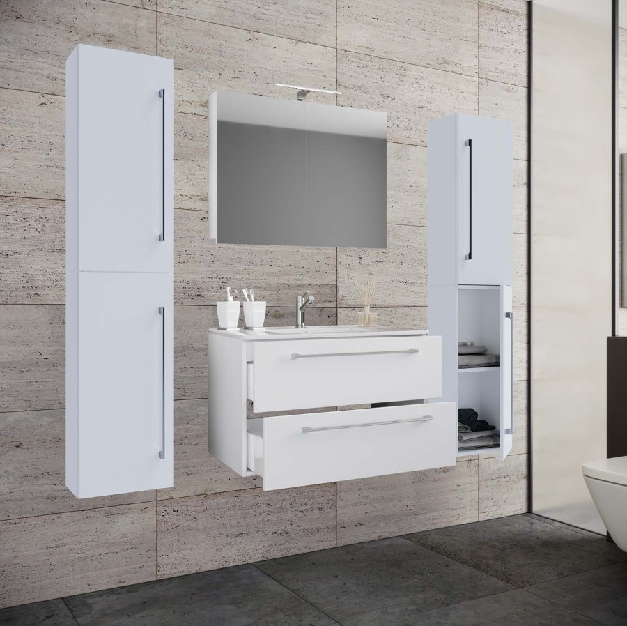 Badmöbel-Set - Spiegelglas, Keramik und weißes Melamin (5er-Set)