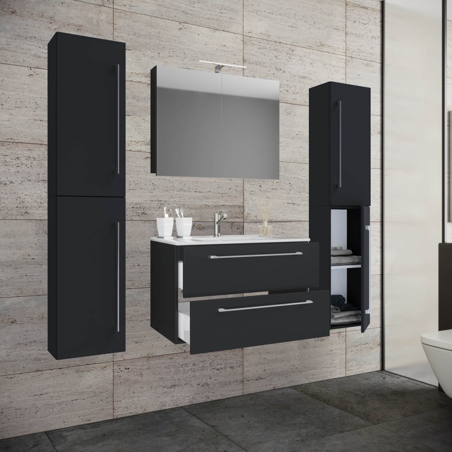 Badmöbel-Set - Spiegelglas, Keramik und schwarzes Melamin (5er-Set)