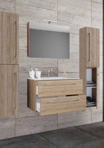 Badmöbel-Set - Spiegelglas, Keramik und Naturmelamin (5er-Set)