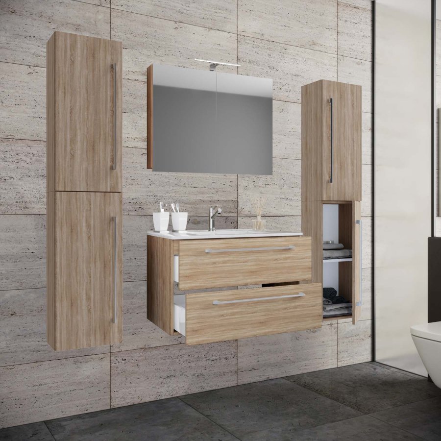 Badmöbel-Set - Spiegelglas, Keramik und Naturmelamin (5er-Set)