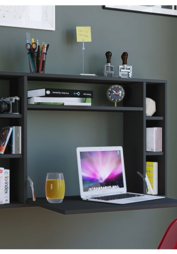 Wandila skrivebord til vegg, med hyller - sort tre
