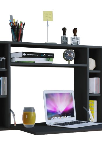 Wandila skrivebord til vegg, med hyller - sort tre