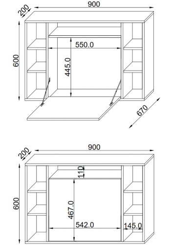 Wandila skrivebord til vegg, med hyller - grtt tre