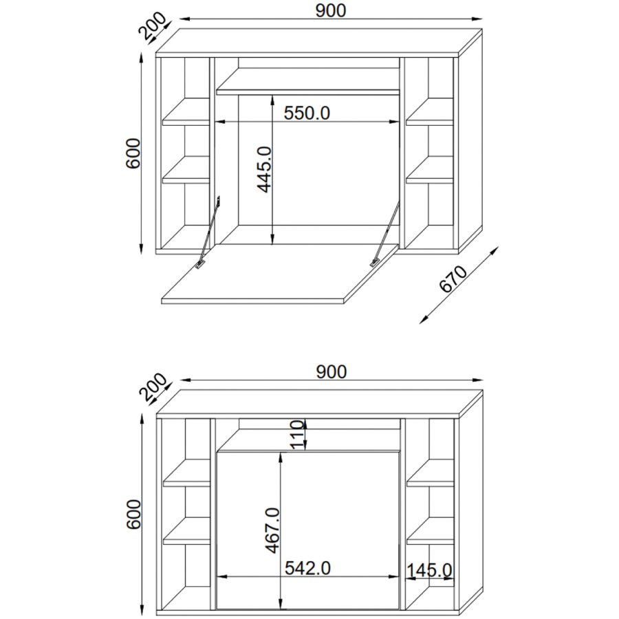Wandila skrivebord til vegg, med hyller - grtt tre