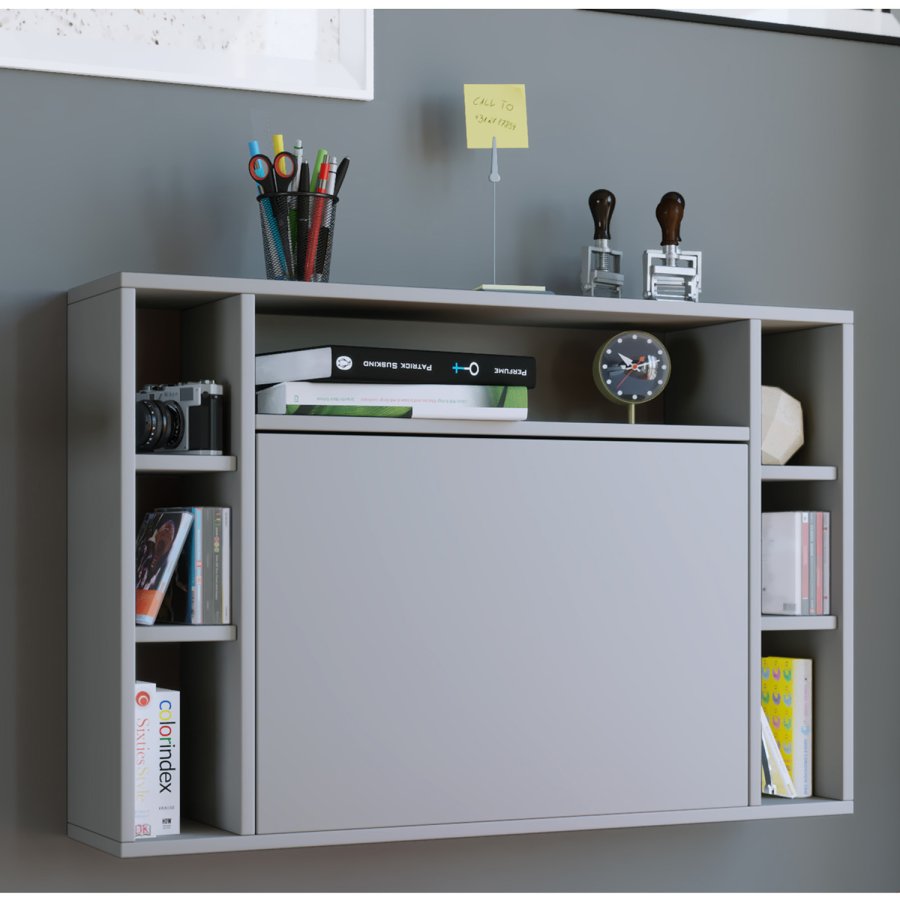 Wandila skrivebord til vegg, med hyller - grtt tre