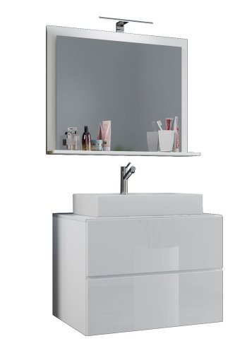 Lendas M baderomsmbelsett - speilglass, keramikk og hvit melamin (sett med 3)