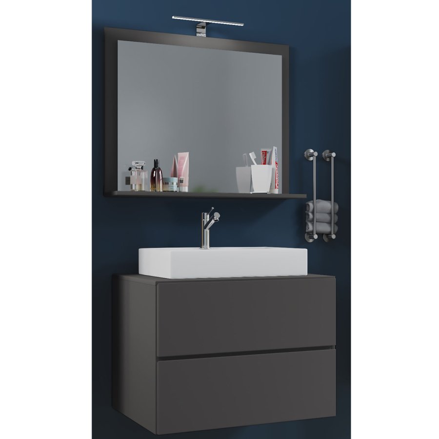 Lendas M baderomsmbelsett - speilglass, keramikk og antrasittgr melamin (sett med 3)