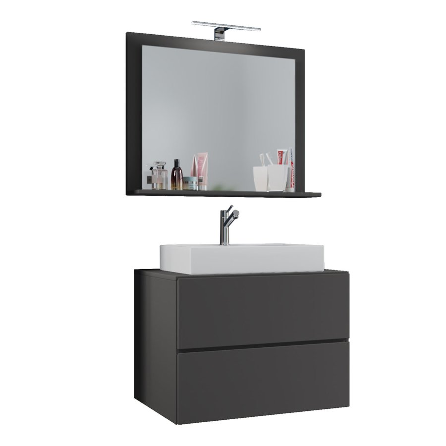 Lendas M baderomsmbelsett - speilglass, keramikk og antrasittgr melamin (sett med 3)