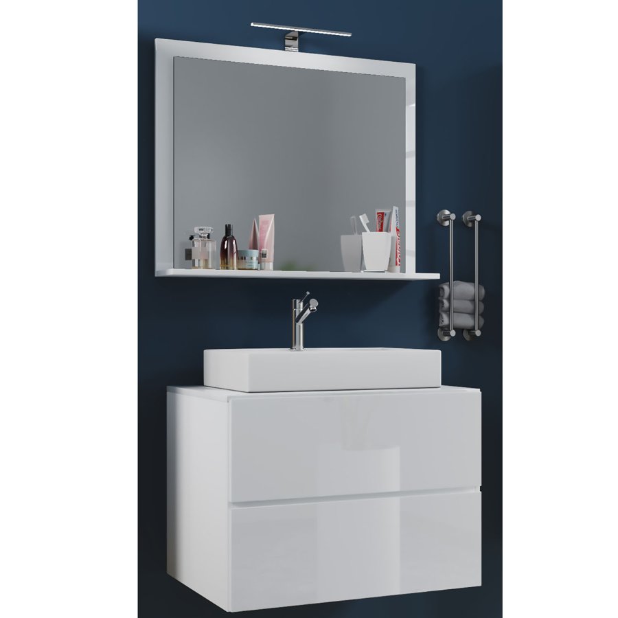 Lendas M baderomsmbelsett - speilglass, keramikk og hvit melamin (sett med 3)