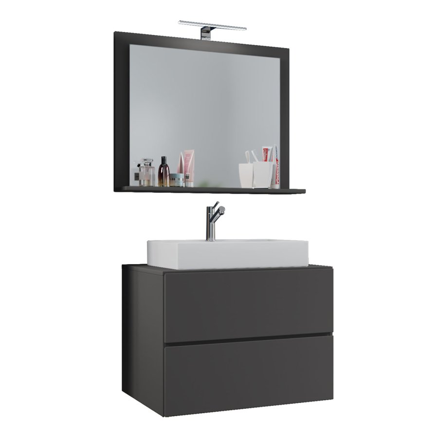 Lendas M baderomsmbelsett - speilglass, keramikk og antrasittgr melamin (sett med 3)