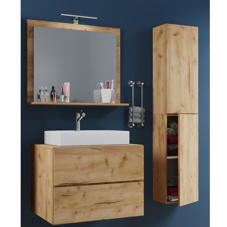 Lendas M baderomsmbelsett - speilglass, keramikk og naturlig melamin (sett med 4)