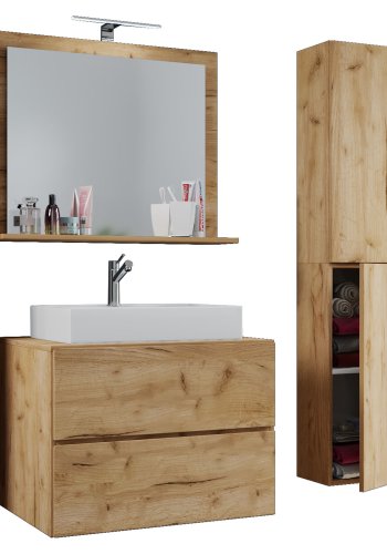 Lendas M baderomsmbelsett - speilglass, keramikk og naturlig melamin (sett med 4)