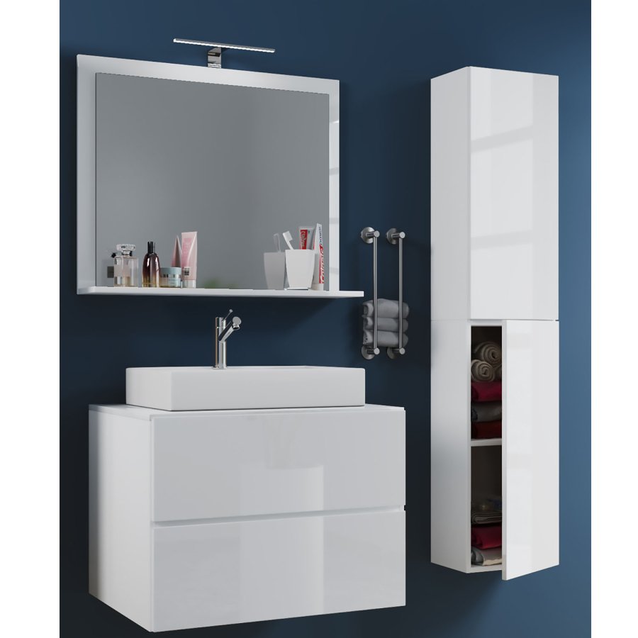 Lendas M baderomsmbelsett - speilglass, keramikk og hvit melamin (sett med 4)